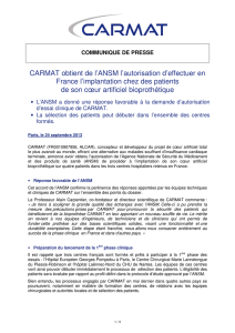 CARMAT obtient de l`ANSM l`autorisation d`effectuer en France l