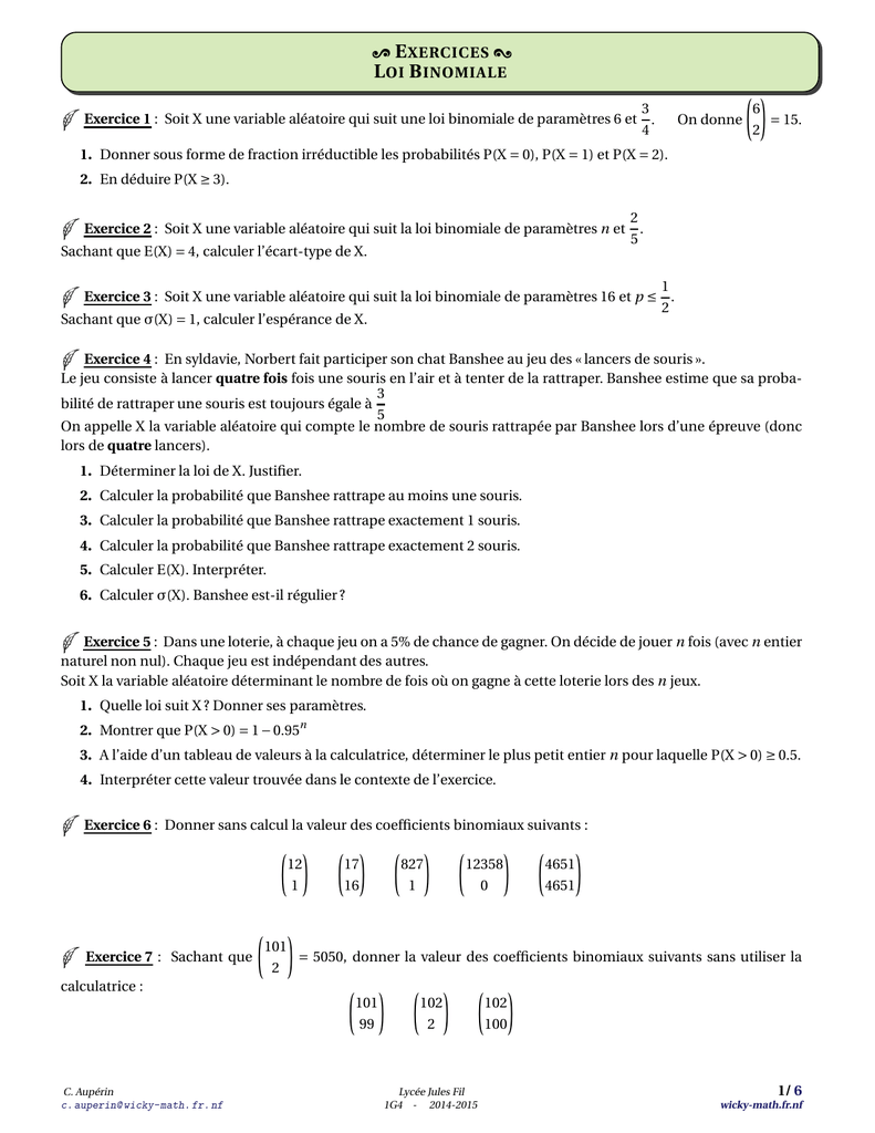 Soit X Une Variable Aleatoire Qui Suit Une Loi Binomiale Wicky Math