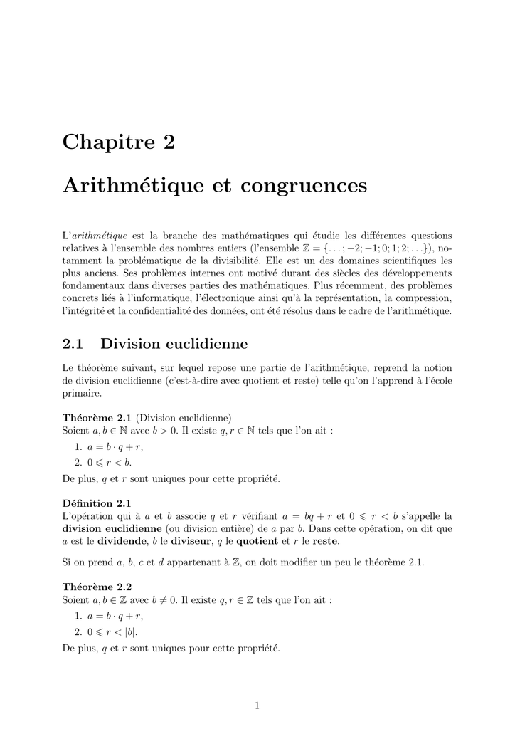 Chapitre 2 Arithmetique Et Congruences