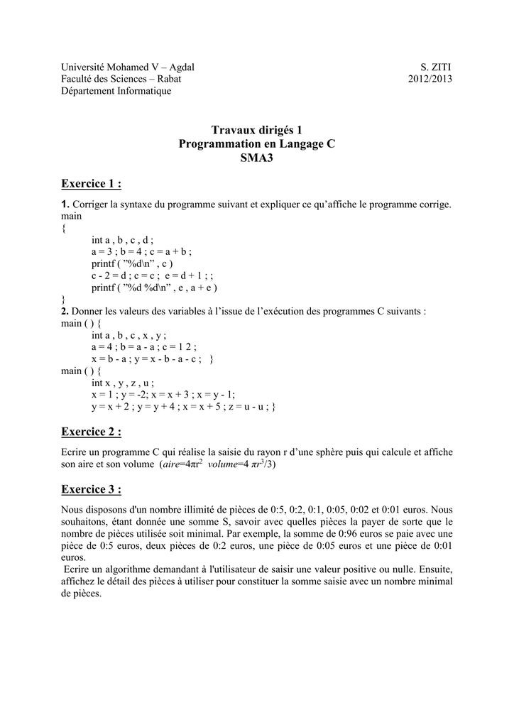 Travaux Diriges 1 Programmation En Langage C Sma3 Exercice 1