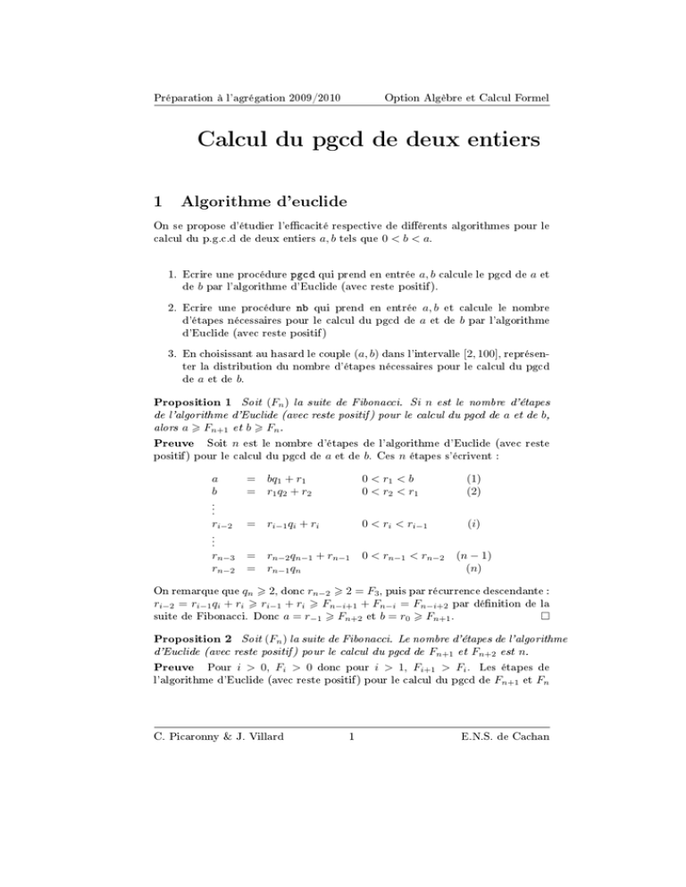 Calcul Du Pgcd De Deux Entiers 7973