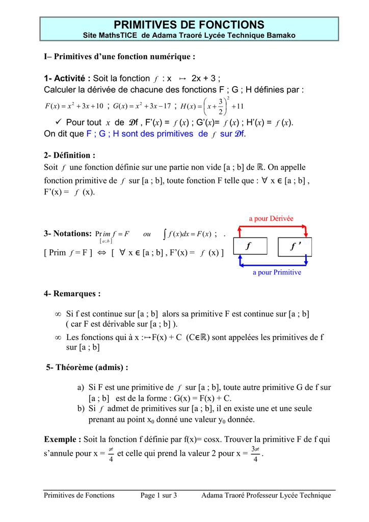 Primitives De Fonctions Mathstice De Adama Traore