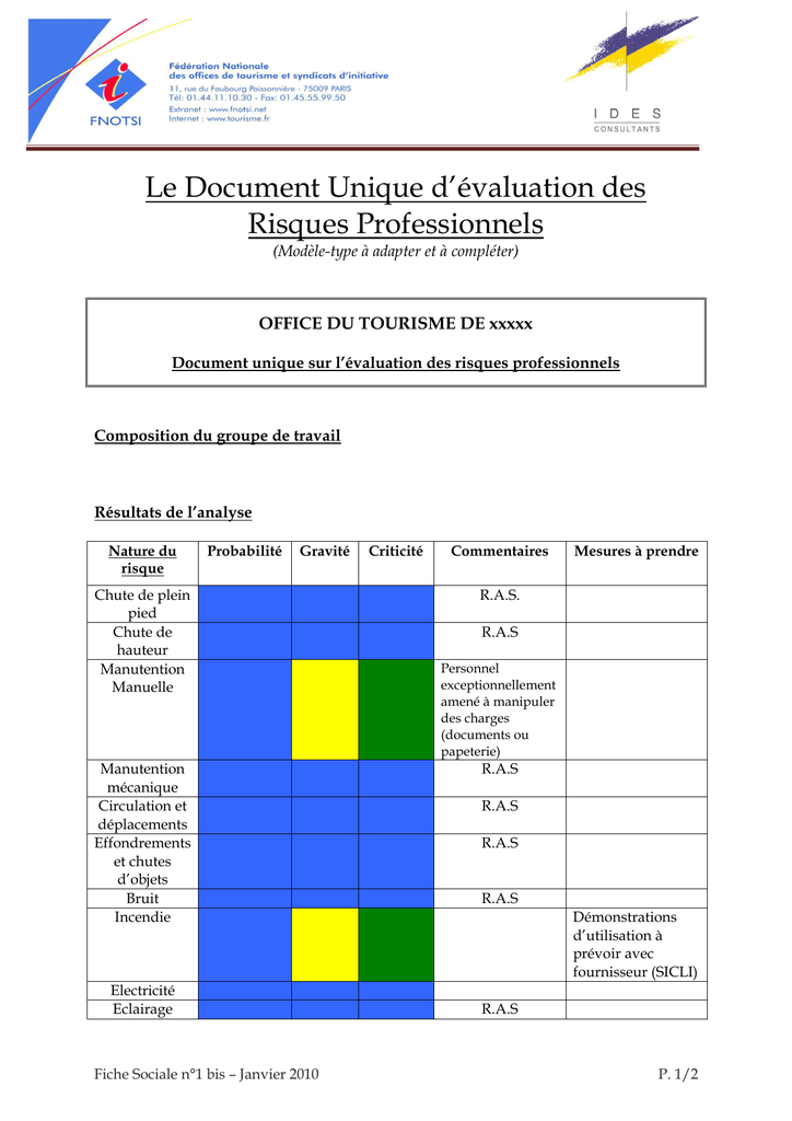 1 Bis Modele Type Document Unique D Evaluation Des Risques