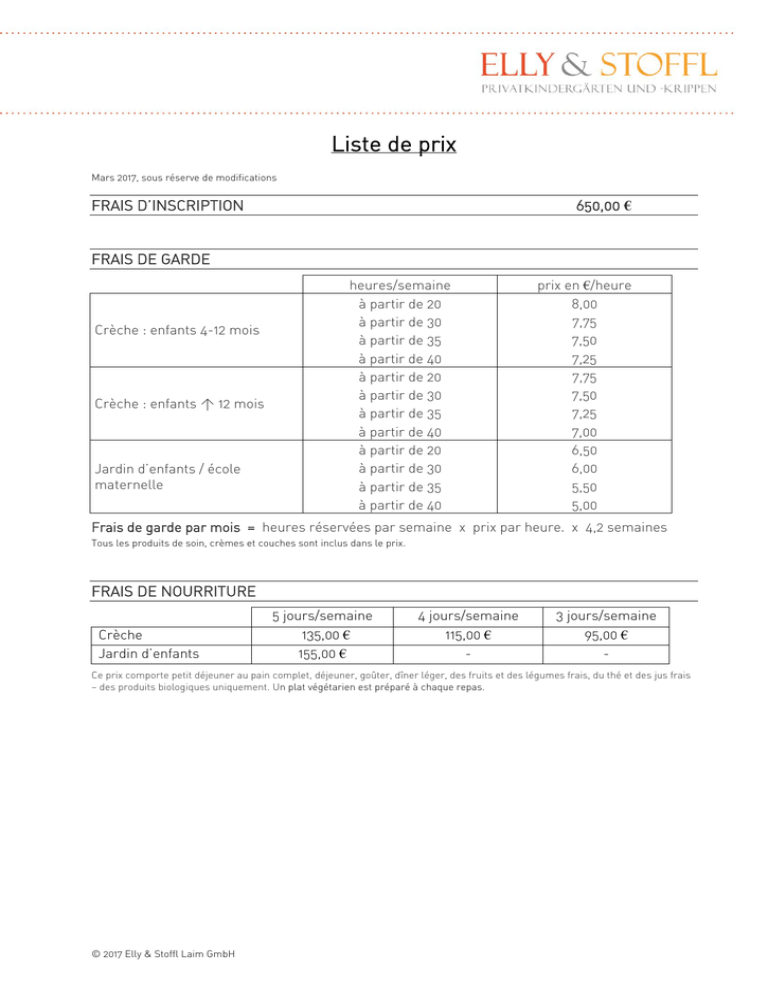 Liste De Prix Elly Und Stoffl