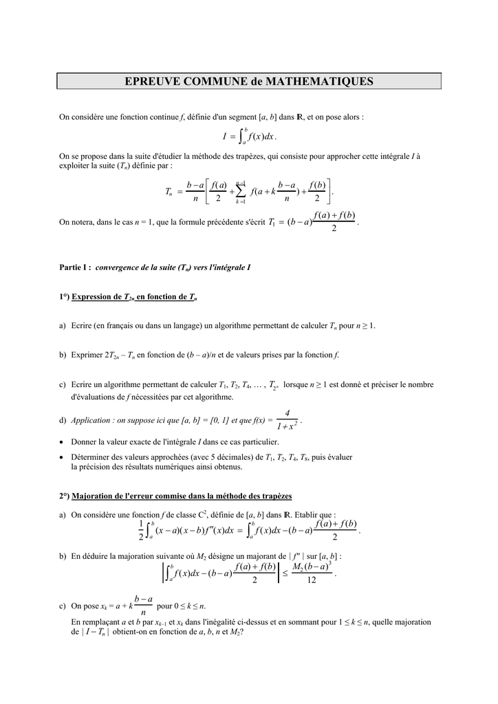 Epreuve Commune De Mathematiques