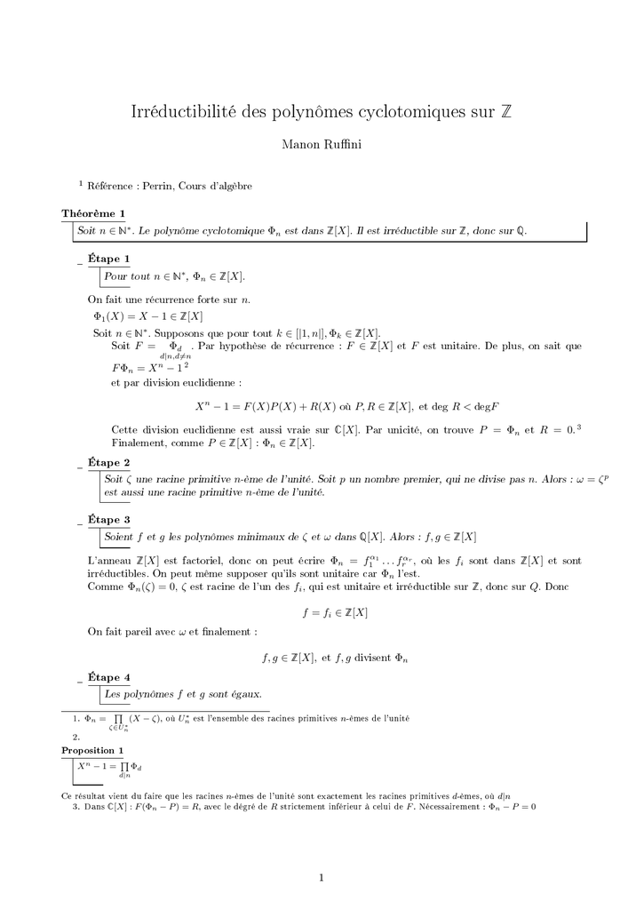 Irreductibilite Des Polynomes Cyclotomiques Sur Z
