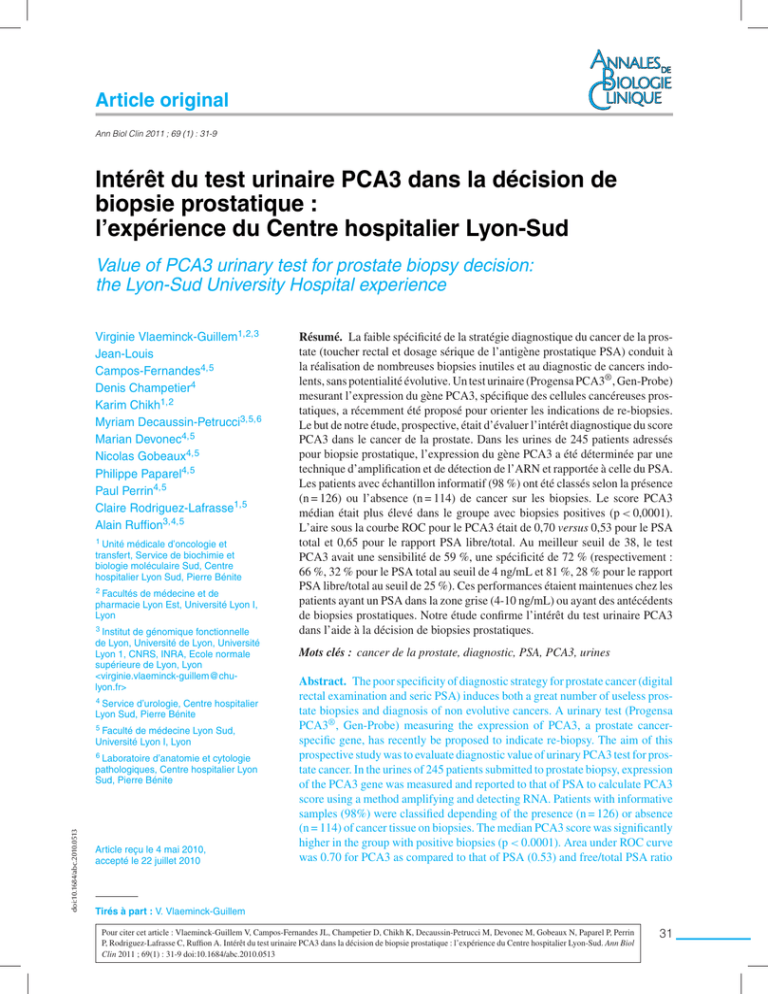 Intérêt Du Test Urinaire Pca3 Dans La Décision De Biopsie Prostatique