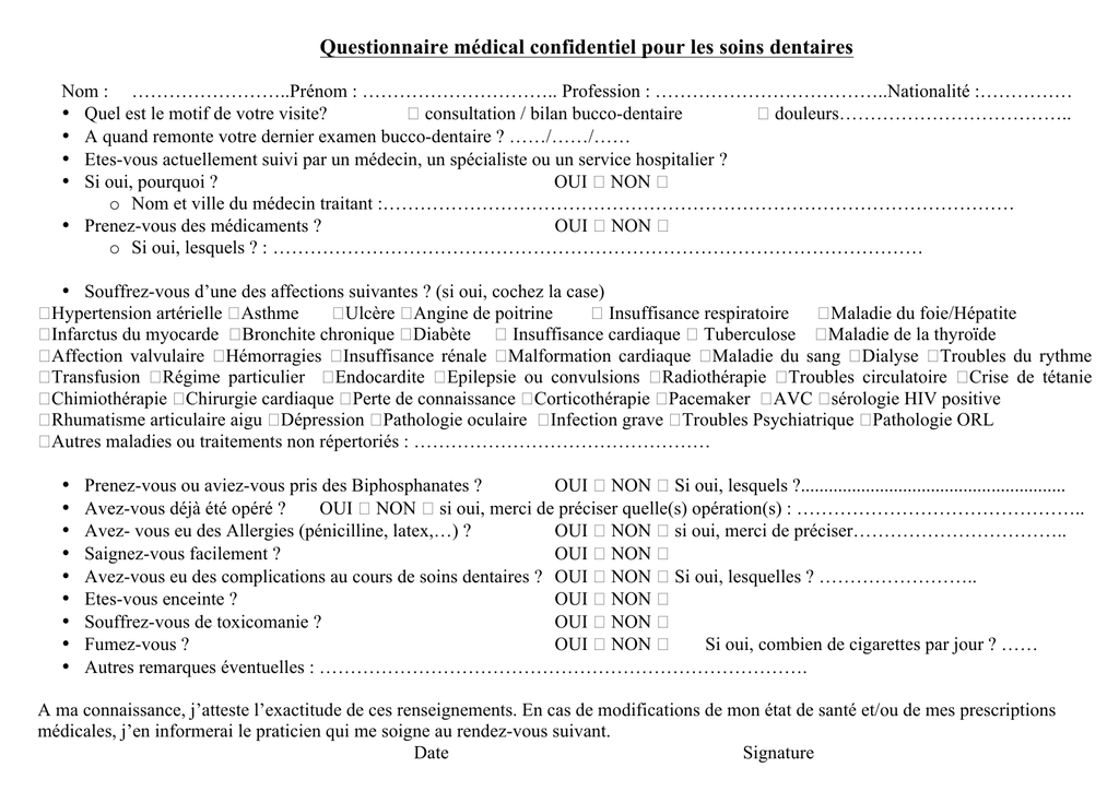 Questionnaire médical dentiste pdf