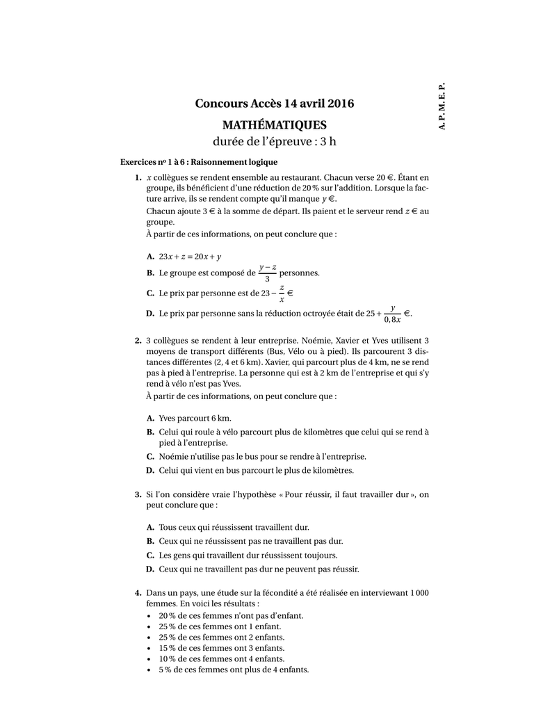 Concours Acces 14 Avril 16 Mathematiques Duree De