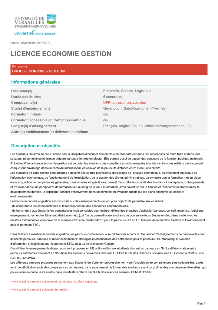 Licence Générale Droit, Economie, Gestion Mention Gestion