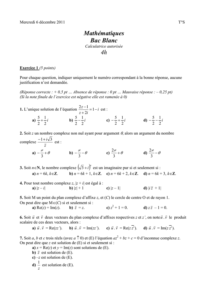 Mathematiques Bac Blanc 4h