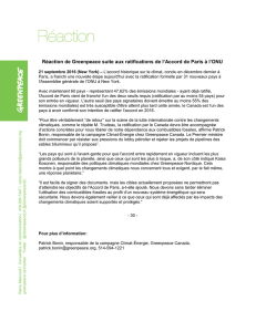 Réaction de Greenpeace suite aux ratifications de l`Accord de Paris