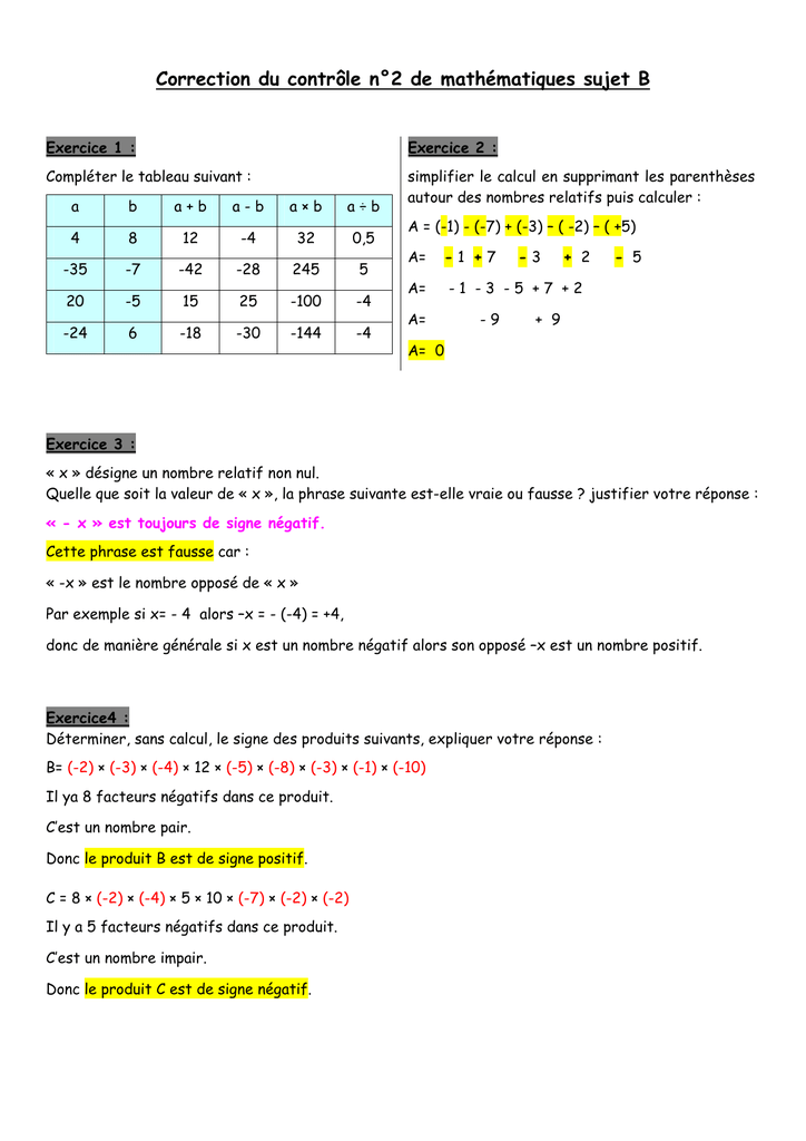 Correction Du Controle N 2 De Mathematiques Sujet B