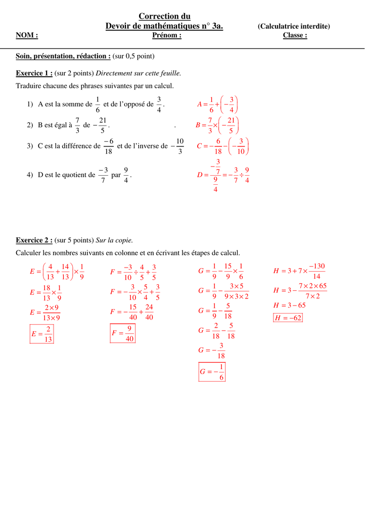 Correction Du Devoir De Mathematiques N 3a