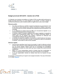 Budget provincial 2014-2015 : réaction de la FCIQ