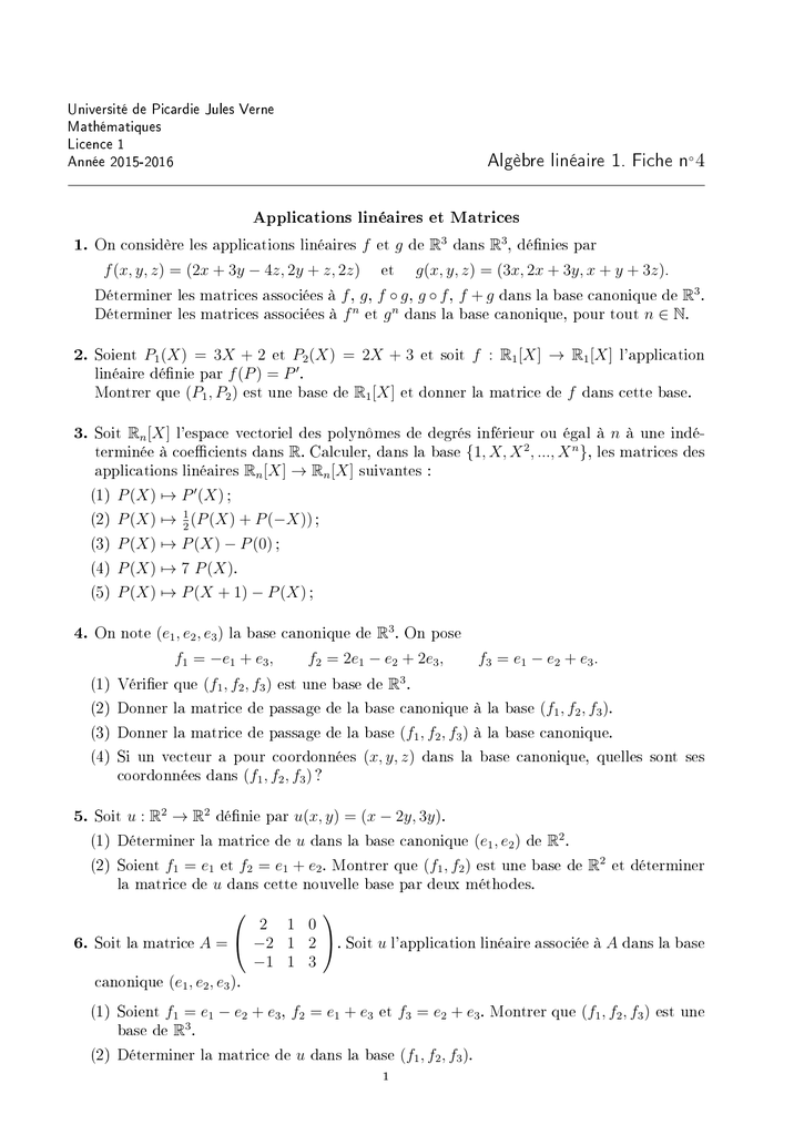 Algebre Lineaire 1 Fiche N 4 Applications Lineaires Et