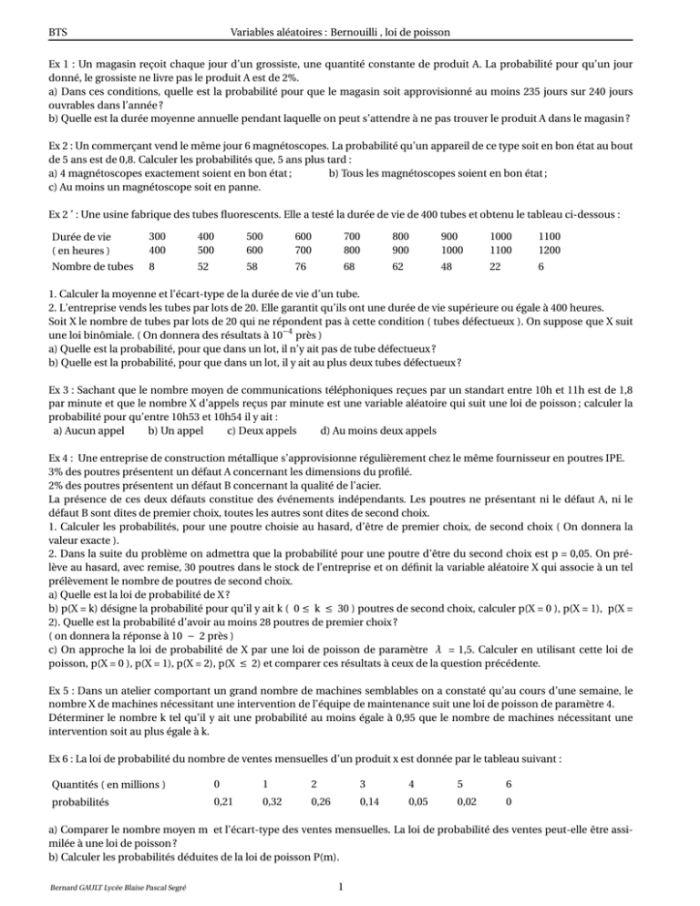 BTS Variables Aléatoires : Bernouilli , Loi De Poisson Ex 1 : Un