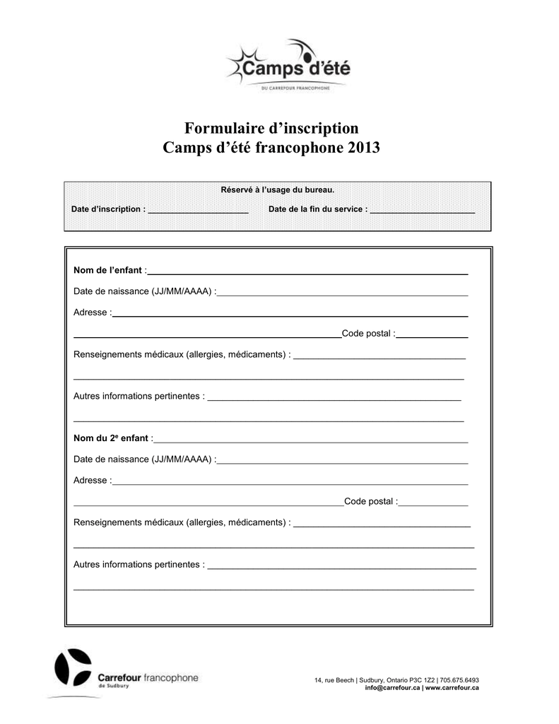 Formulaire d`inscription aux