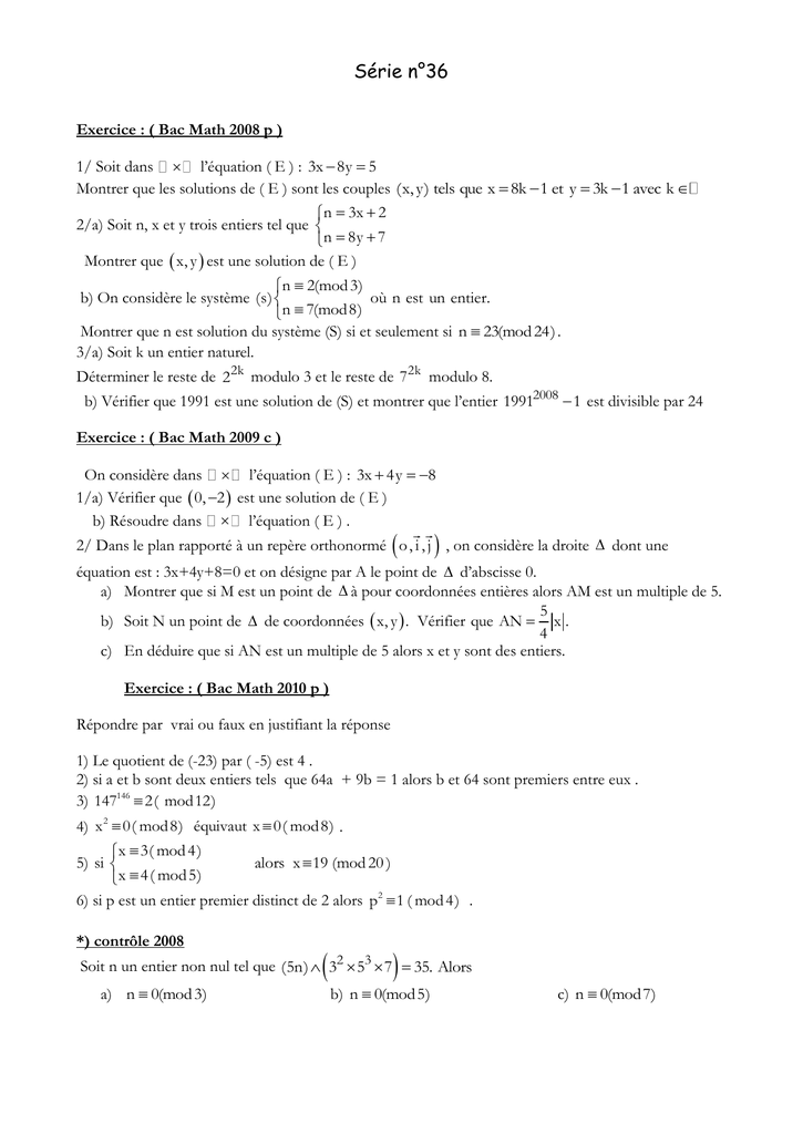 Serie N 36 Exercice Bac Math 2008 P 1 Soit Dans L Equation E