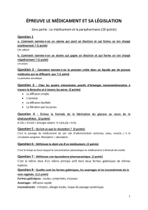 ÉPREUVE LE MÉDICAMENT ET SA LÉGISLATION 1ère partie : Le