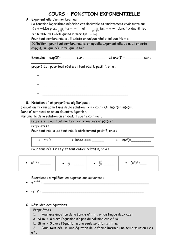 Cours Fonction Exponentielle