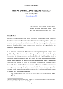 MONNAIE ET CAPITAL DANS L`OEUVRE DE WALRAS Introduction