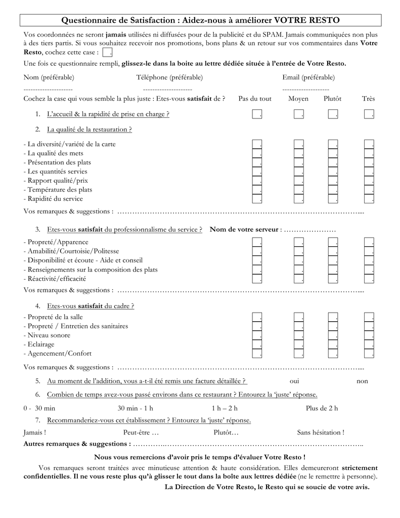Questionnaire De Satisfaction Exemple