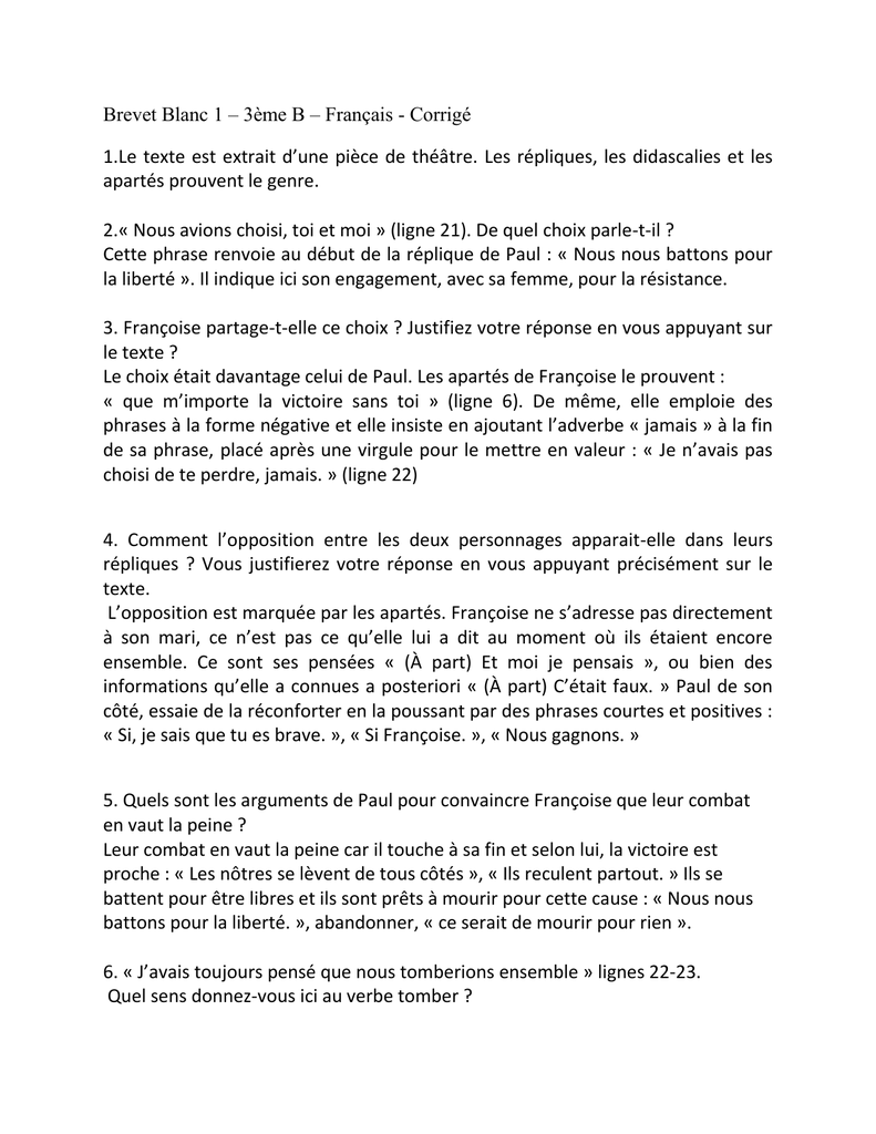 Sujet Et Corrigé Brevet Français 2016 Brevet Blanc 1 – 3ème B – Français - Corrigé 1.Le texte est extrait d