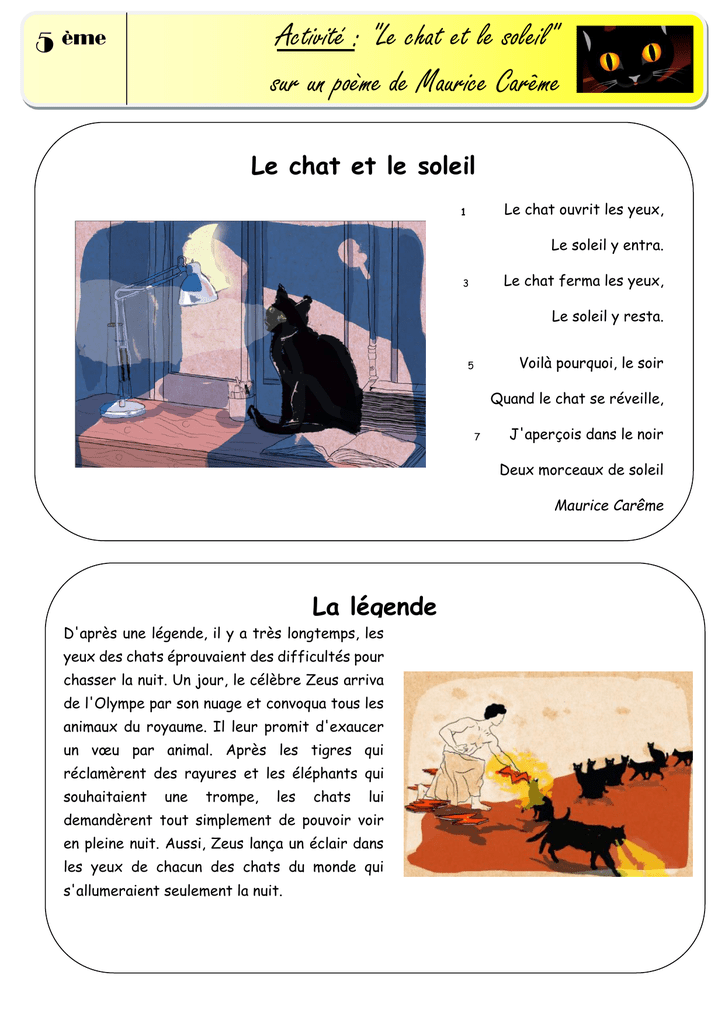 Activite Le Chat Et Le Soleil Sur Un Poeme De Maurice Careme Sur