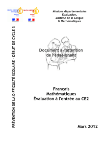 Français Mathématiques Évaluation à l`entrée au CE2 Mars 2012