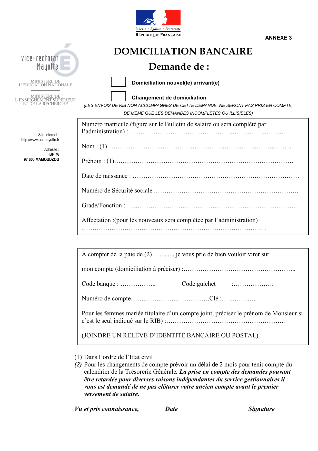 DOMICILIATION BANCAIRE DOMICILIATION BANCAIRE
