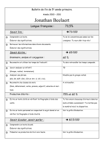 Bulletin de fin de 5e année primaire. Année 2010 – 2011 Jonathan