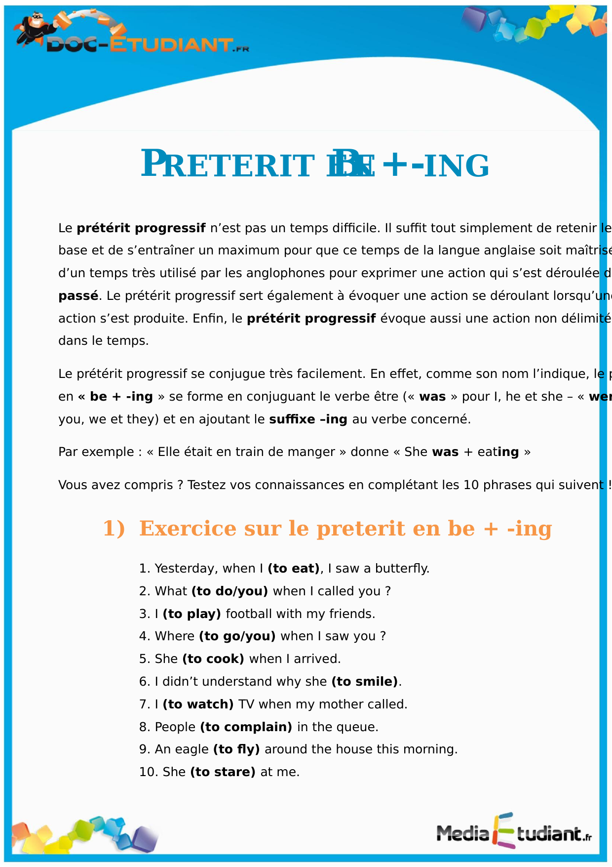 Exercices Preterit Simple Et Be + Ing preterit en be +-ing