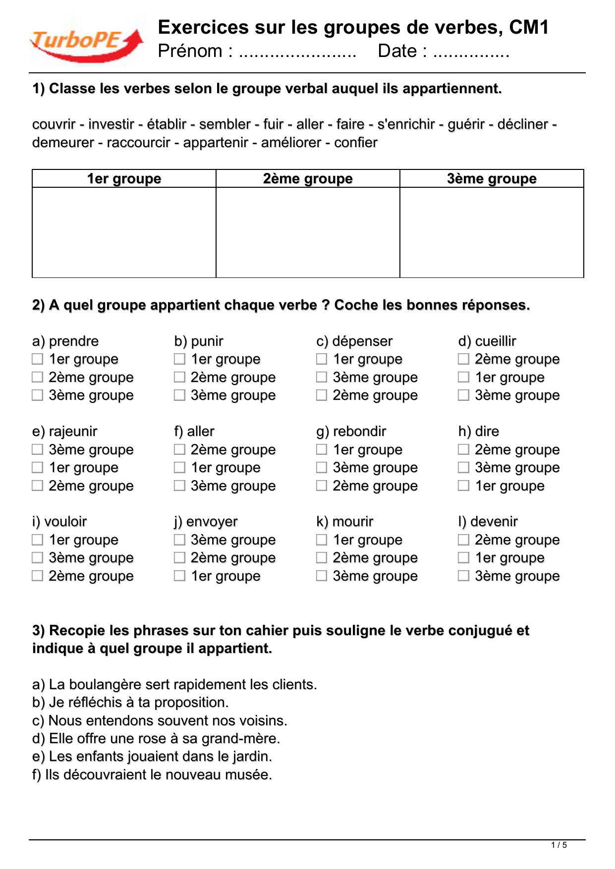 Exercices Sur Les Groupes De Verbes Cm1