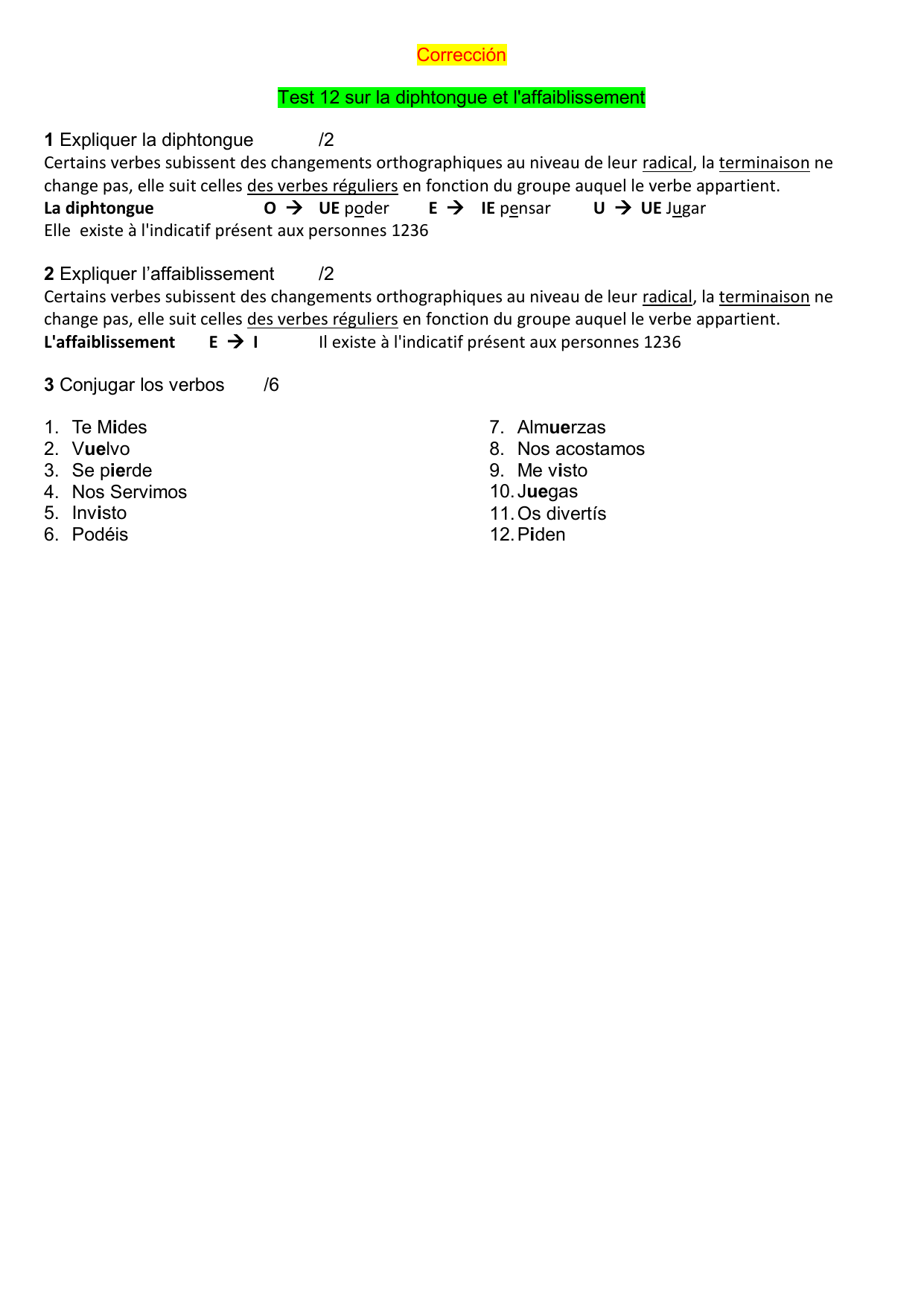 Correccion Test 12 Sur La Diphtongue Et L Affaiblissement 1