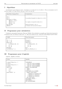 I Algorithme II Programmes pour calculatrices III Programmes pour 2
