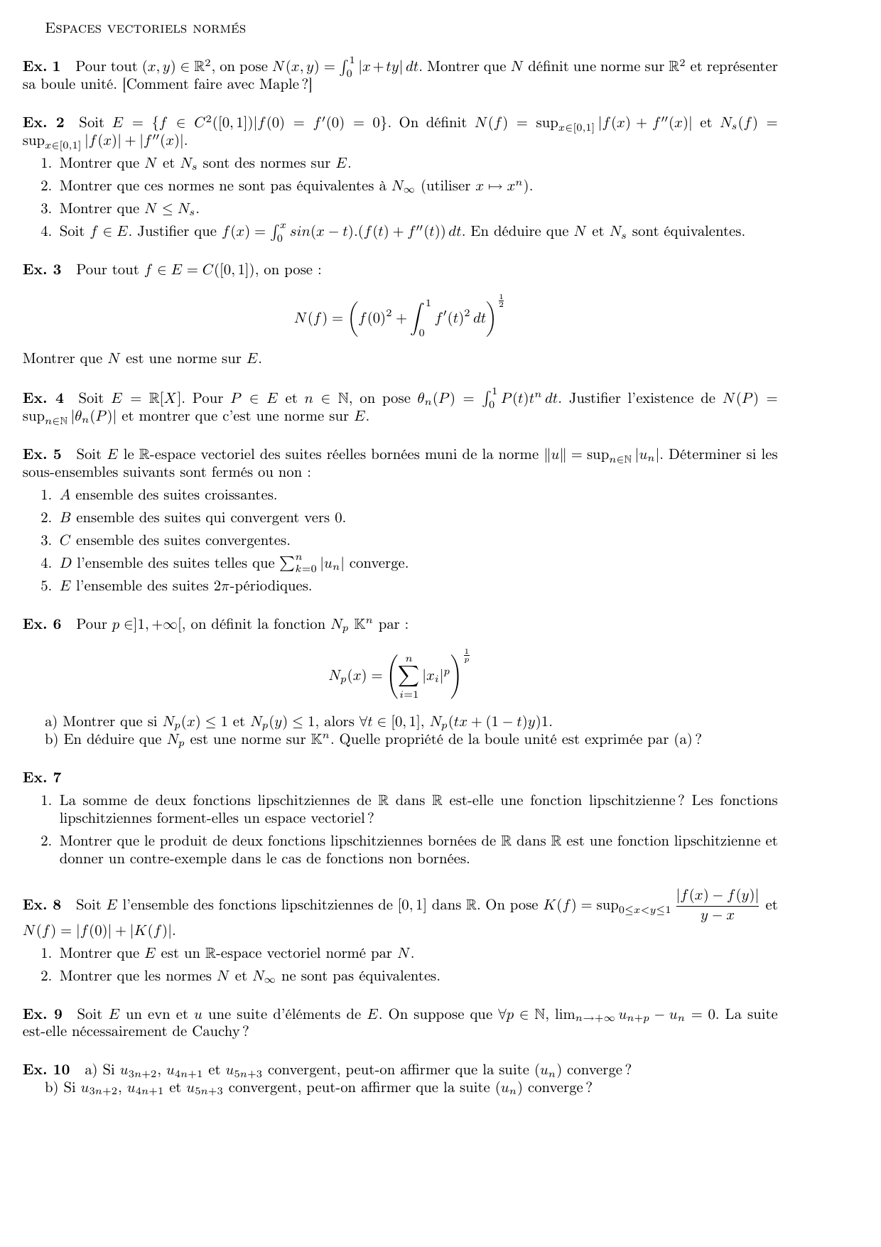 Espaces Vectoriels Normes Ex 1 Pour Tout X Y R2 On Pose N X