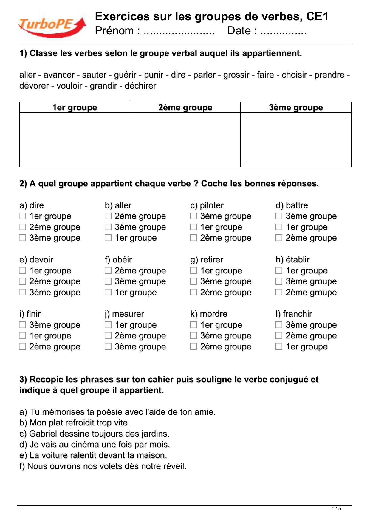 Exercices Sur Les Groupes De Verbes Ce1