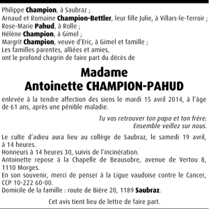 Madame Antoinette CHAMPION-PAHUD