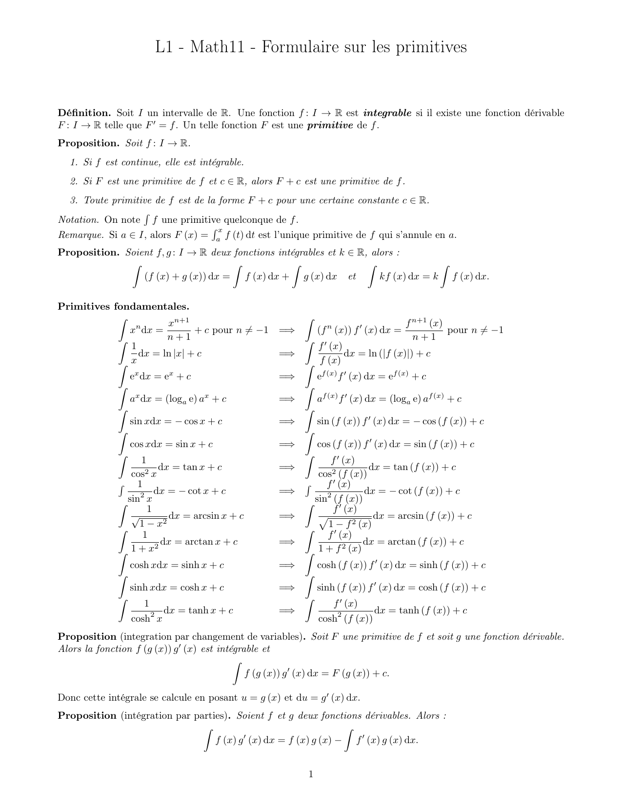 L1 Math11 Formulaire Sur Les Primitives