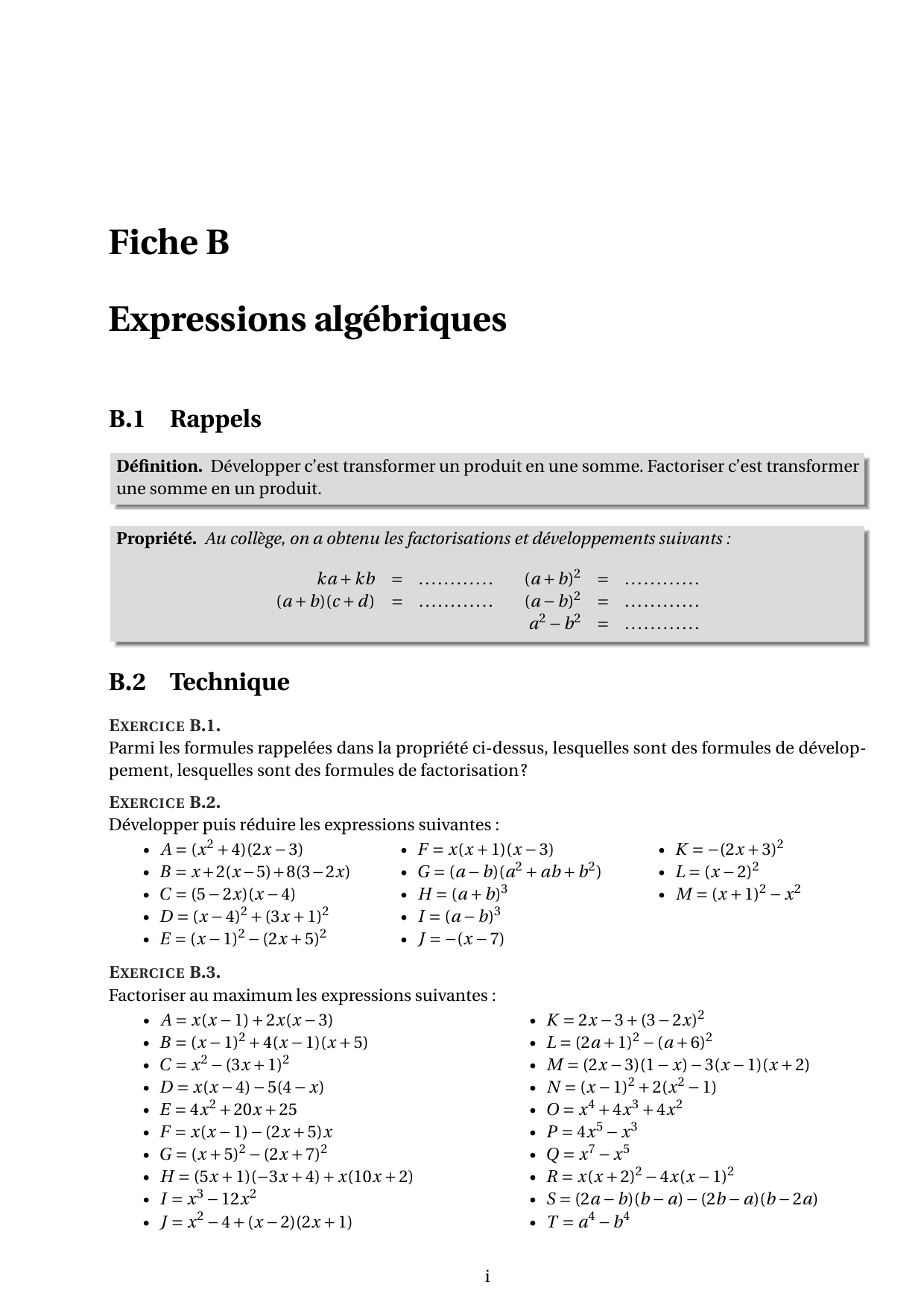 Fiche B Expressions Algebriques