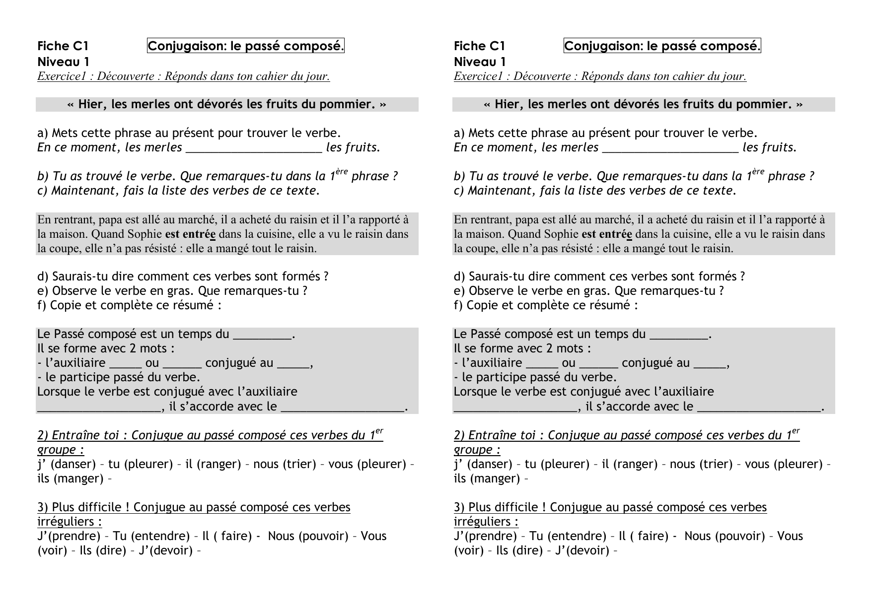Fiche C1 Conjugaison Le Passe Compose Niveau 1 Exercice1