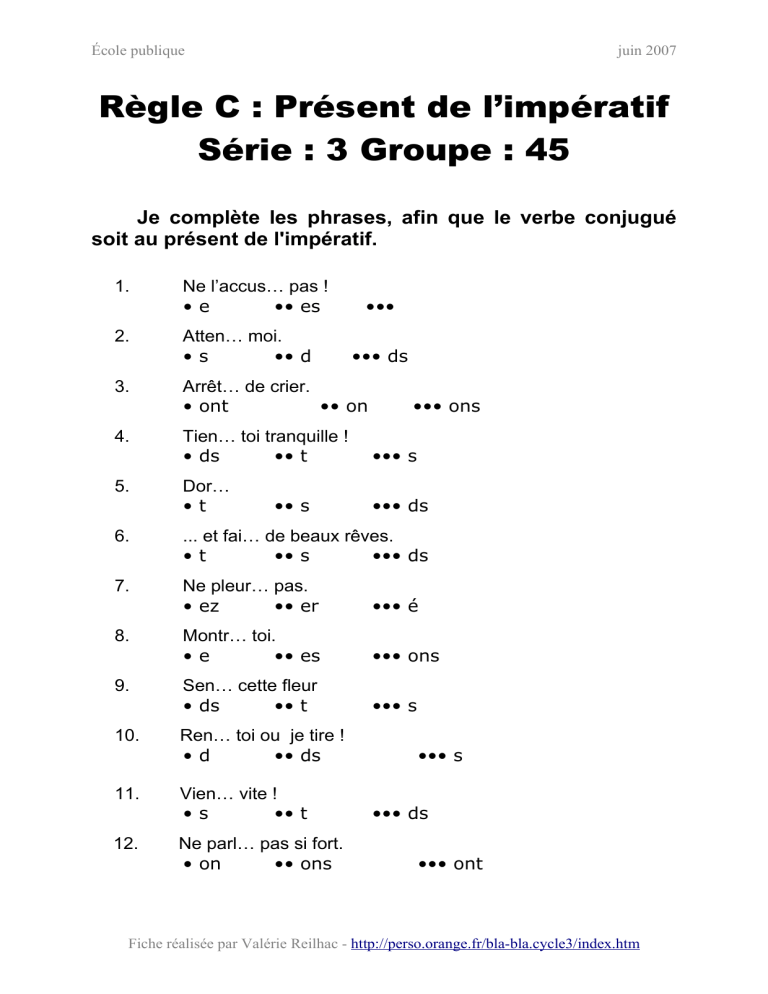 Les Régularités Du Présent De L`impératif - Bla-bla Cycle 3