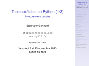 Tableaux/listes en Python (1/2)  Une première couche Stéphane Gonnord