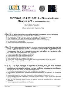 Séance n°6 – TUTORAT UE 4 2012-2013 – Biostatistiques Correction d'annales QCM n°1