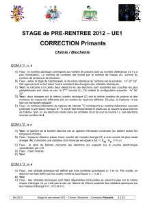 CORRECTION Primants – UE1 STAGE de PRE-RENTREE 2012 Chimie / Biochimie