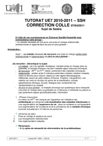 CORRECTION COLLE TUTORAT UE7 2010-2011 ± SSH 07/04/2011