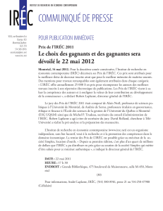 COMMUNIQUÉ DE PRESSE POUR PUBLICATION IMMÉDIATE dévoilé le 22 mai 2012