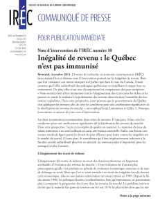 COMMUNIQUÉ DE PRESSE POUR PUBLICATION IMMÉDIATE Inégalité de revenu : le Québec