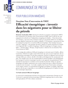 COMMUNIQUÉ DE PRESSE POUR PUBLICATION IMMÉDIATE Efficacité énergétique : investir